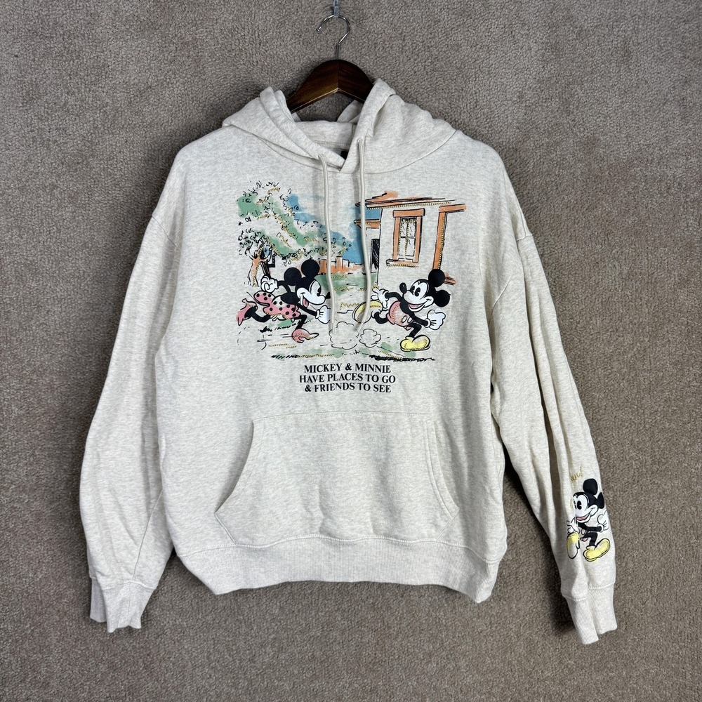 Disney Mickey & Minnie Hoodie Womens Large Oatmeal Heather Graphic Sweatshirt